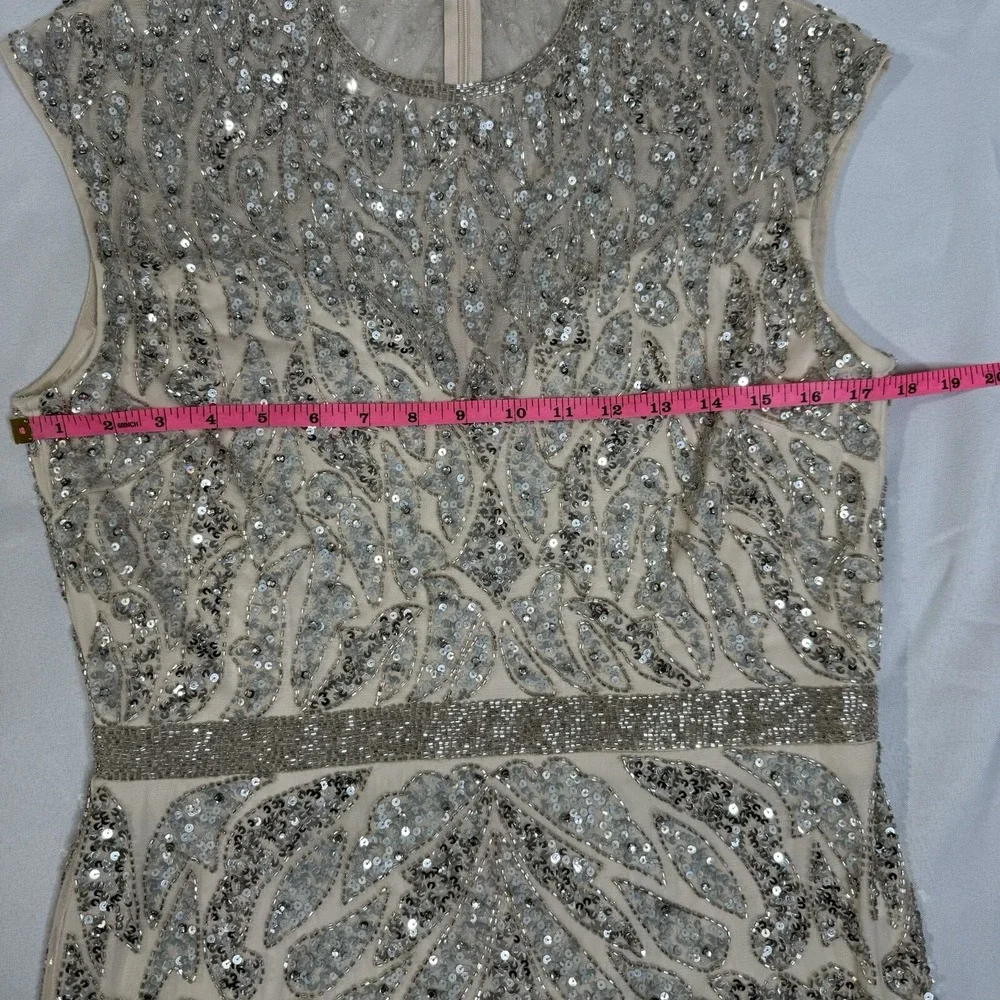 Mac Duggal Nude Silver Illusion Sheer Cap Sleeve Bead Sequin Belted Modest 5532 - Picture 14 of 16